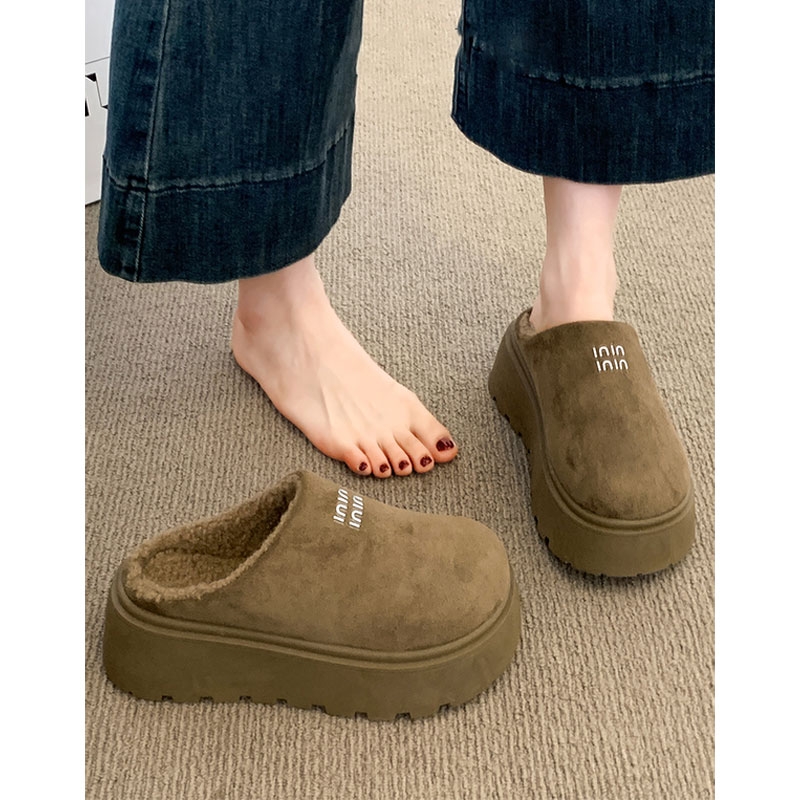 厚底增高勃肯鞋女2025新款秋冬季一脚蹬包头半拖外穿加绒博肯棉鞋