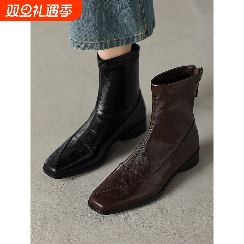 羊皮小短靴女2025年秋冬新款真皮气质方头软底平底瘦瘦靴女粗跟