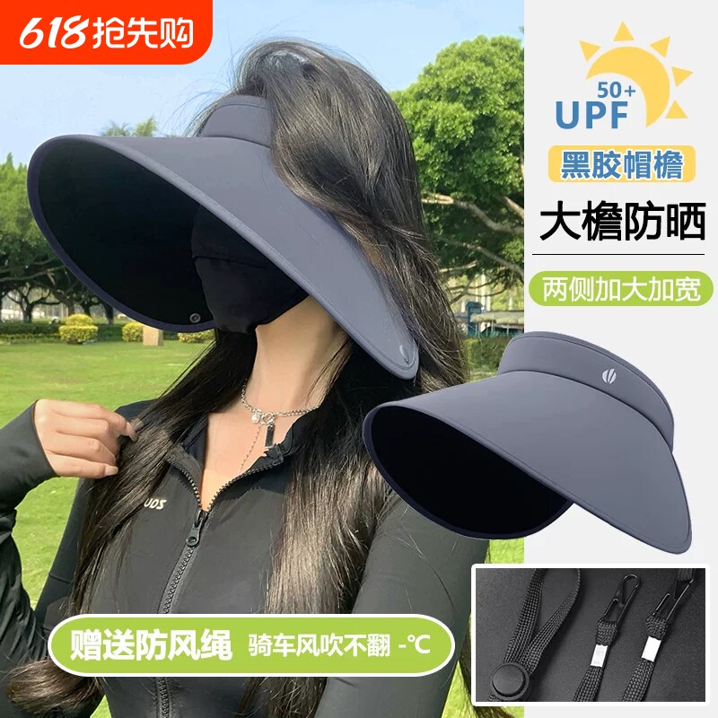 大帽檐防晒帽女夏丝绒黑胶防紫外线遮阳帽骑车护颈一体空顶太阳帽
