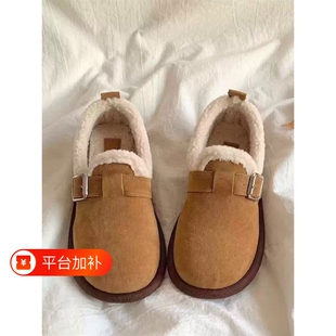 勃肯鞋女秋冬复古文艺休闲鞋子一脚蹬防滑加绒套脚鞋保暖豆豆鞋