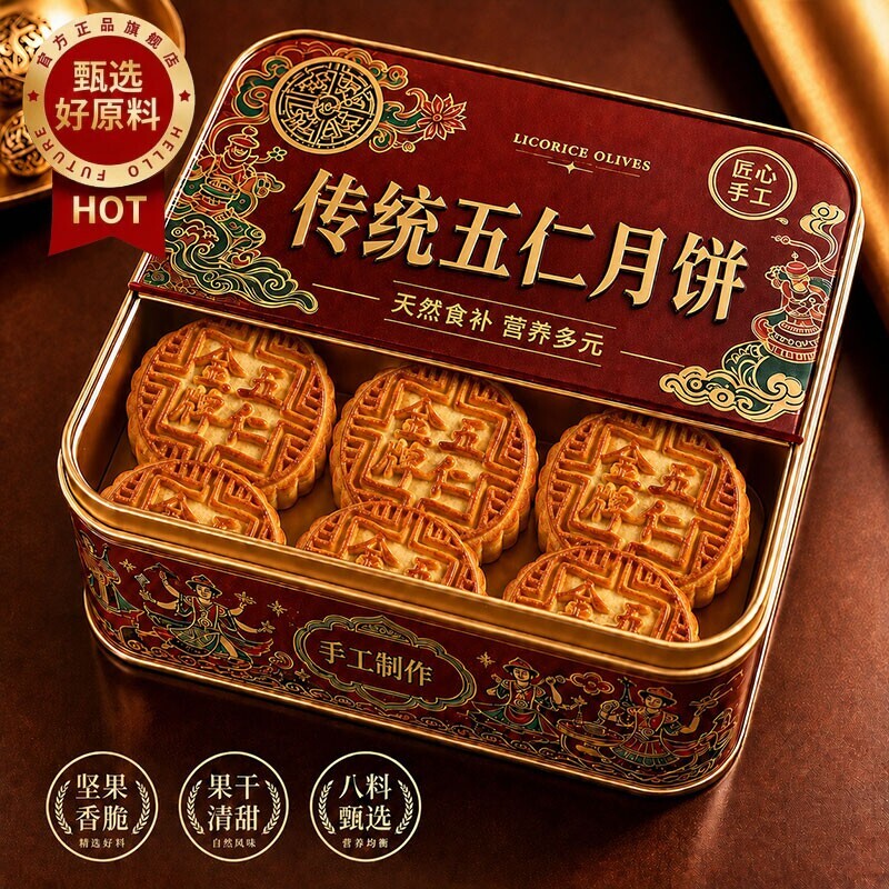 胖正宗五仁月饼老式东来官方旗舰店广式糕点中秋月饼无糖礼盒传统