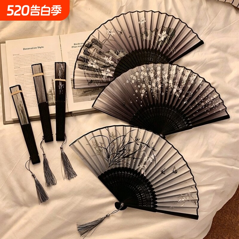 新中式扇子古风折扇黑色旗袍汉服随身携带搭配马面裙的中国风跳舞