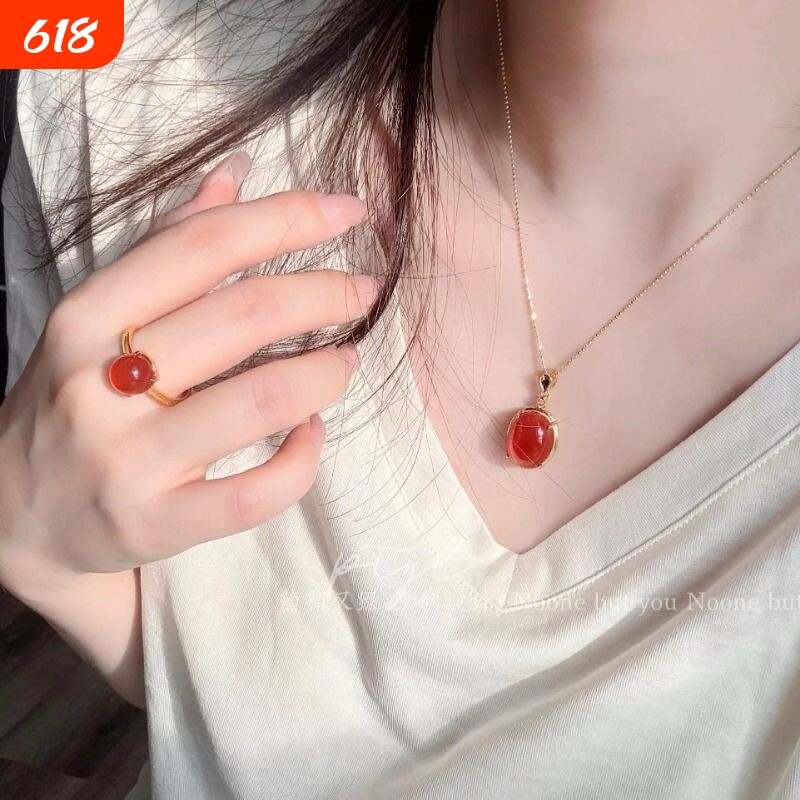 天然红玛瑙蛋面项链南红玉髓鸽子蛋吊坠冰种中国红玛瑙戒指送礼物