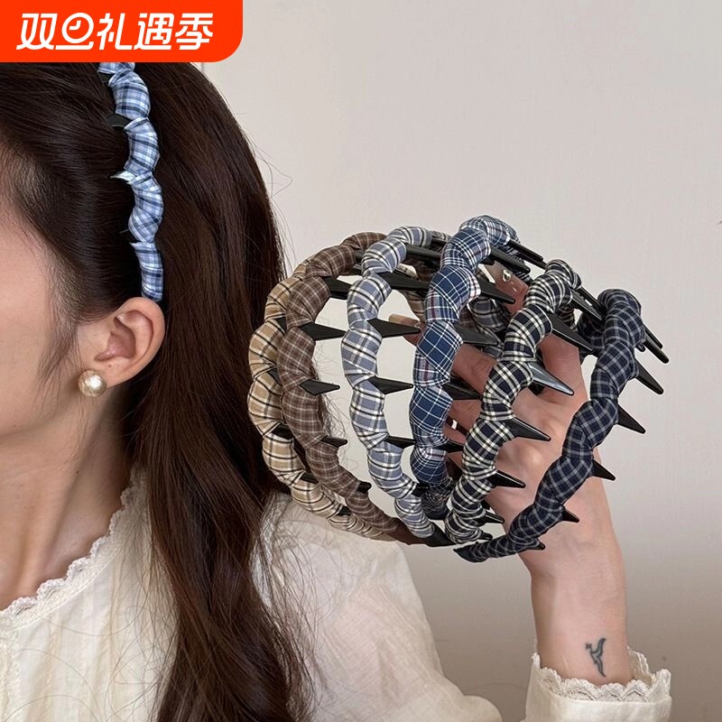 高颅发箍带齿头箍防滑韩系百搭格纹布艺带齿2025新款发卡压发发饰