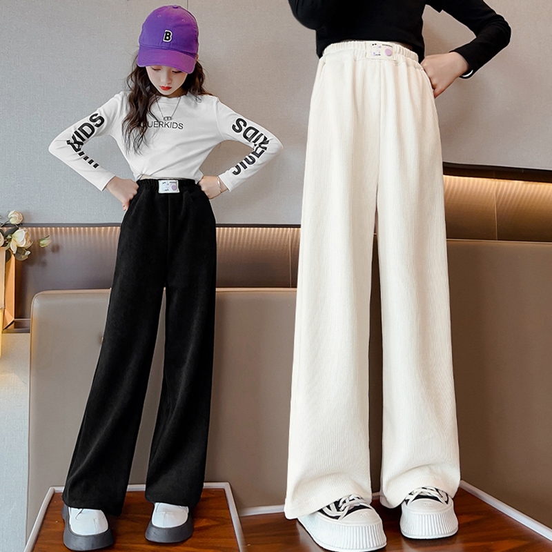 女童春秋宽松裤子2025儿童直筒女大童加绒阔腿长裤白色黑色灯芯绒