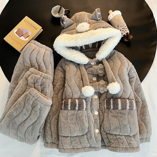 三层夹棉加厚睡衣女款秋冬季