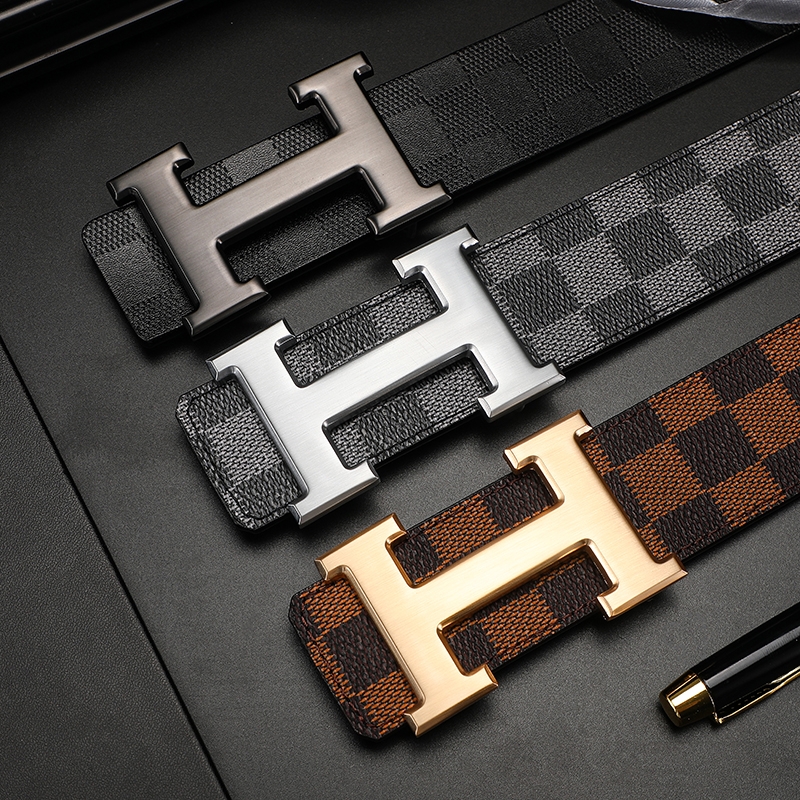 爱马男仕轻奢皮带男真皮商务青年格纹平滑扣中年腰带工字H字母扣