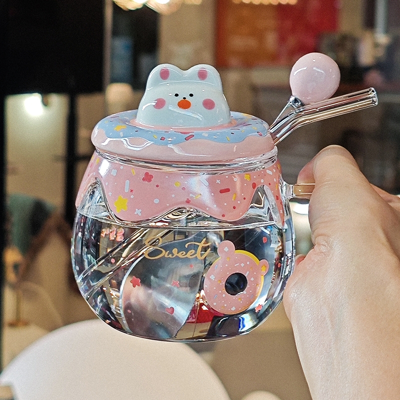 可爱高硼硅玻璃杯带盖女生家用平底可加热微波炉杯子办公室喝水杯