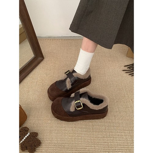 棕色复古加绒加厚保暖厚底棉鞋女冬外穿2025新款增高毛毛勃肯鞋子