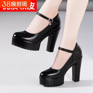 超高跟12cm旗袍走秀鞋女粗跟厚底防水台圆头真皮大码单鞋白色黑色