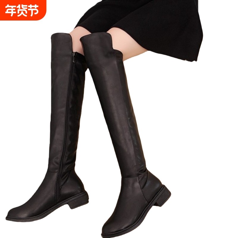 过膝长靴侧拉链单靴长筒秋冬骑士靴加绒高筒靴马丁瘦瘦靴ins黑色,女鞋,骑士靴,淘宝优惠券,粉丝福利购,淘宝优惠卷