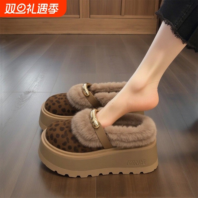 【水貂绒】豹纹毛毛鞋女新款冬季厚底增高小个子加绒保暖勃肯棉鞋