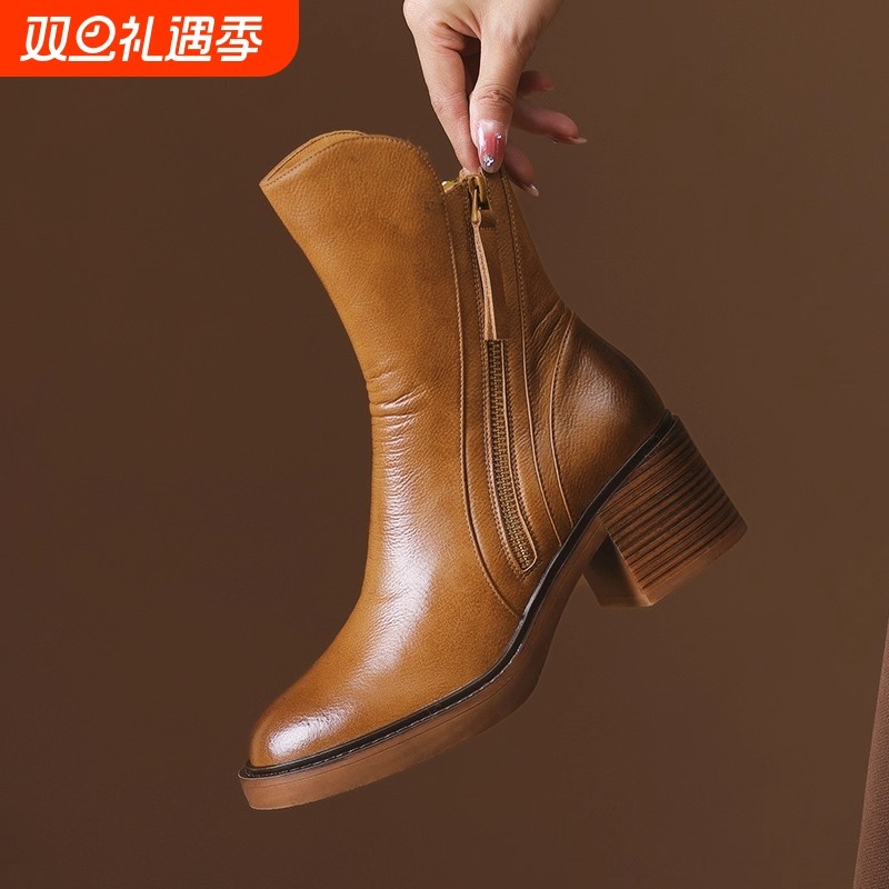 切尔西靴2025秋冬粗跟棕色真皮短靴女英伦风马丁靴皮靴子中跟防水