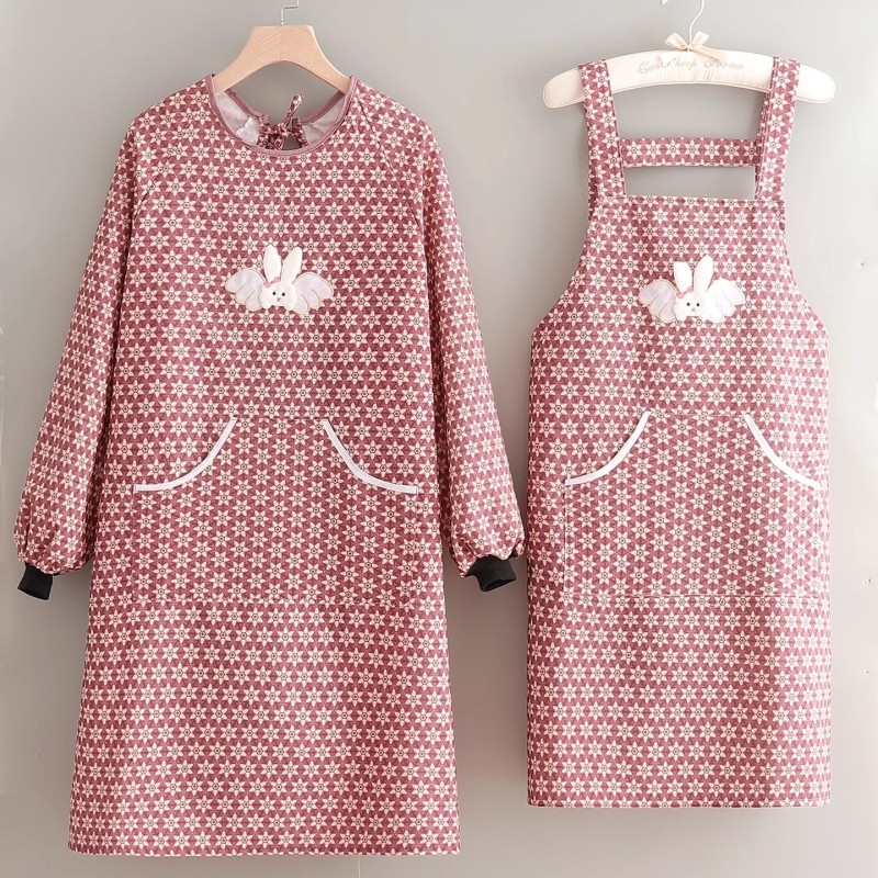 时尚帆布长袖围裙成人厨房防污罩衣背带兔卡通做饭围腰工作服印字