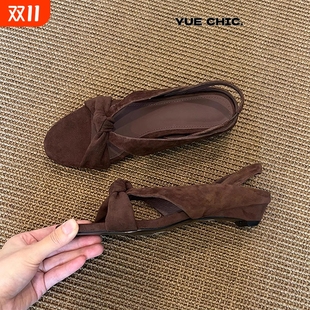 女磨砂真皮复古气质罗马鞋 百搭露趾凉鞋 棕色扭结低跟新款 真皮版