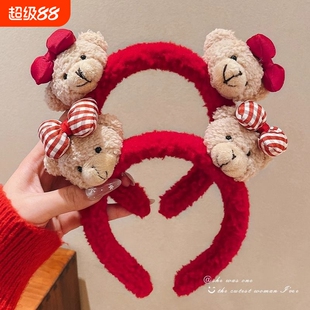 可爱发箍女洗脸红色2025新款小熊头箍羊羔毛化妆压发发卡子格子