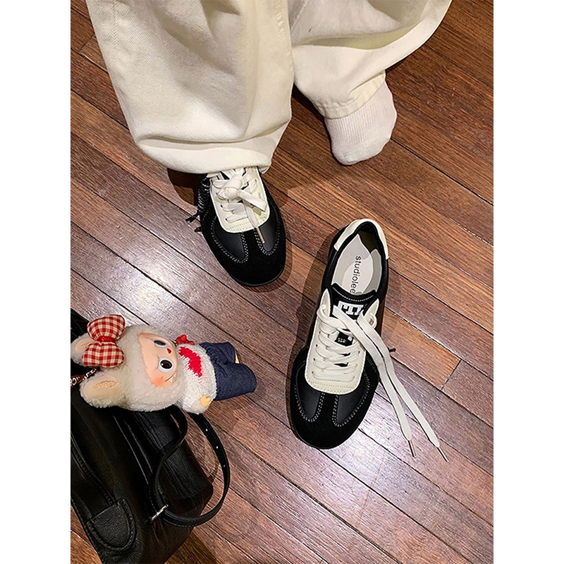 真皮~复古德训鞋女2025春秋新款系带拼色平底运动休闲板鞋阿甘鞋