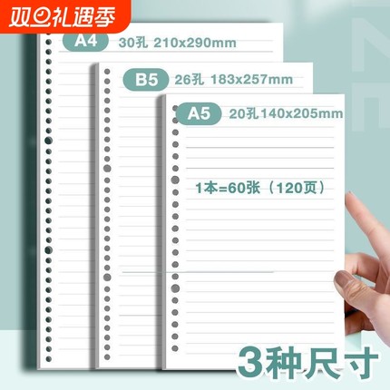 活页本替换芯 20孔26孔30孔 B5通用活页纸替芯A4活页笔记本可拆卸