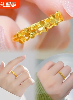 可调节四叶草戒指女古法正品素圈指环生日礼物520礼物送女友活口