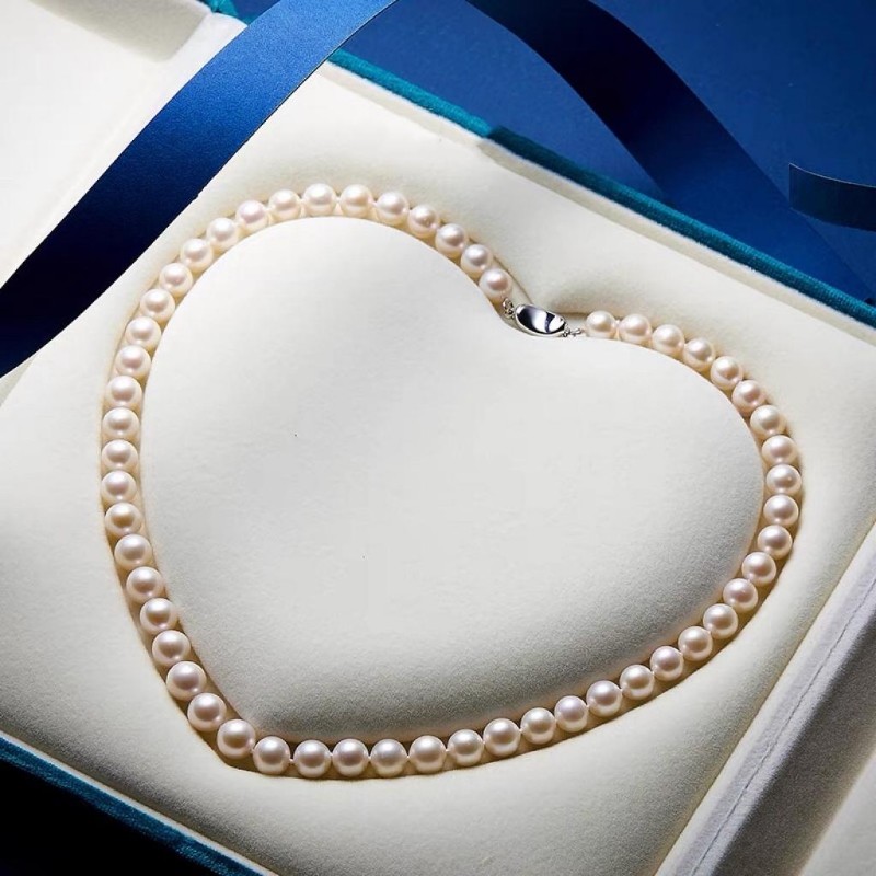 诸暨淡水珍珠项链时尚强光元宝扣妈妈链轻奢近圆全珠链礼物正圆