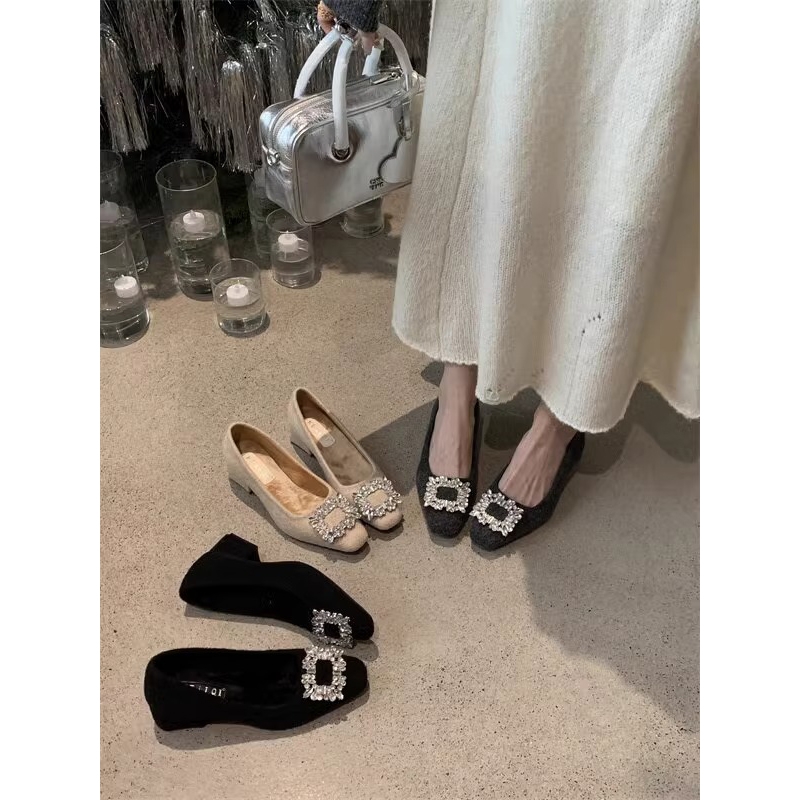 法式气质水钻方头浅口显腿长2025新款秋冬仙女通勤晚晚粗跟高跟鞋