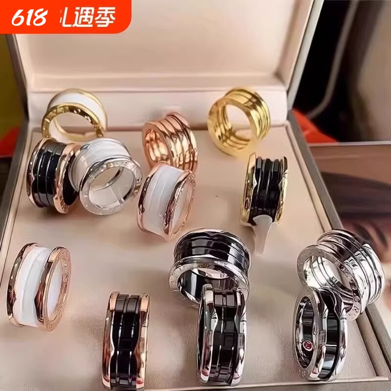 陶瓷小众V金镀18K小蛮腰弹簧戒指女小红人黑白陶瓷男女情侣对戒