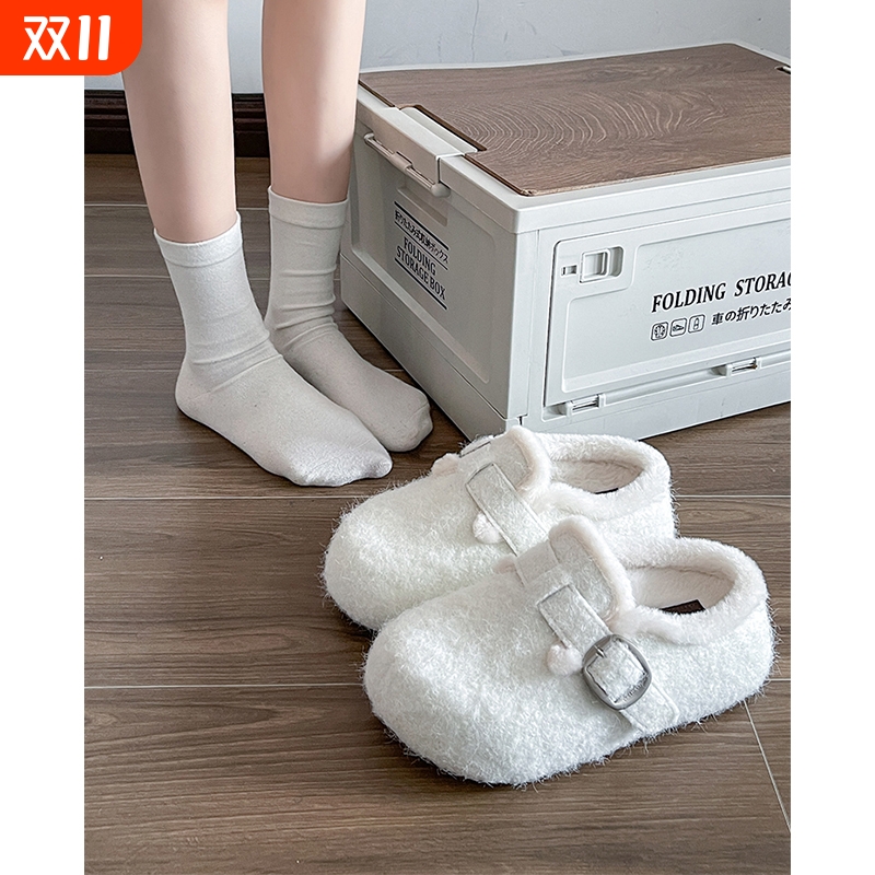 毛呢勃肯毛毛拖鞋女2025秋冬新款外穿厚底增高包头棉拖鞋白色毛绒