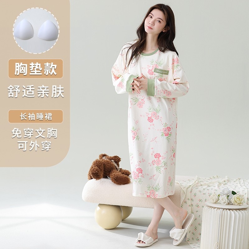 2025秋冬季新款带胸垫睡裙长袖圆领套头中长款外穿精美睡衣裙家居