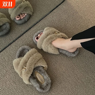 秋冬季 女外穿新款 厚底防滑网红交叉兔平底卡其色 INS毛毛拖鞋 韩版