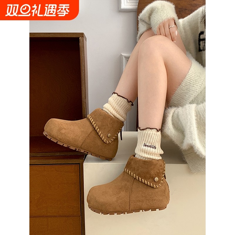 百搭厚底内增高加绒雪地靴女款2025新款冬季保暖勃肯短靴防水驼色