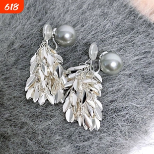 粼粼清冷灰色珍珠流苏耳环女显脸小蚊香盘无耳洞耳夹耳饰麦穗无痛