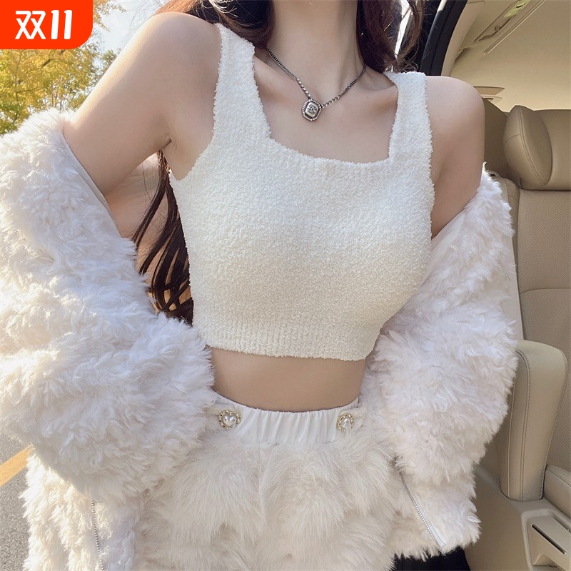 保暖毛毛绒秋冬保暖上衣外穿背心一体式带胸垫加厚毛绒长短款内搭