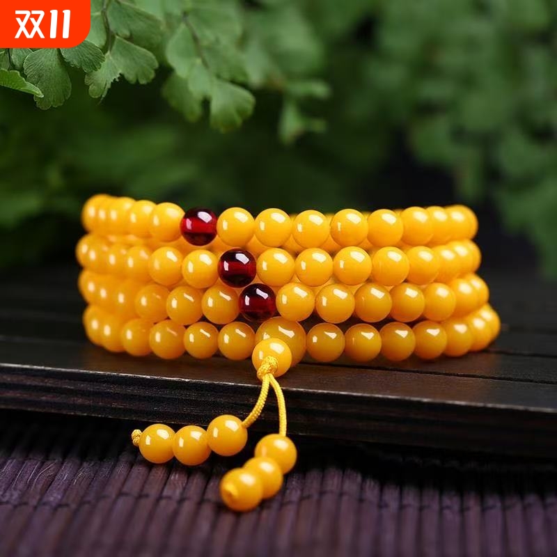 黄老蜜蜡手串108颗佛珠手链血珀圆珠手串男女款项链长款