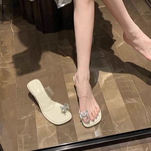 水钻透明仙女粗跟凉拖鞋 女真皮蝴蝶结夏季 凉鞋 高跟不累脚绝美法式