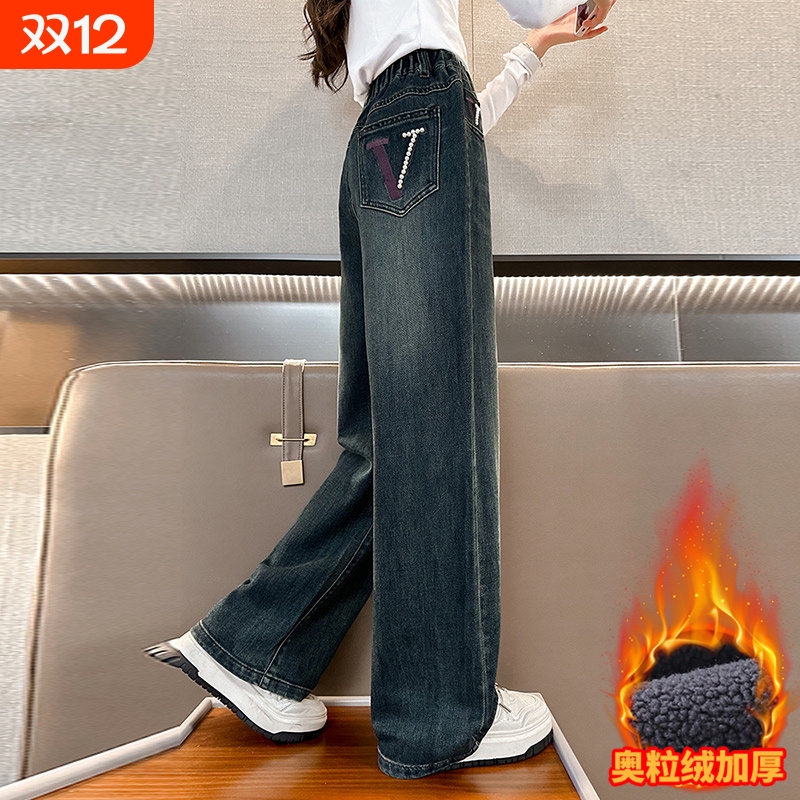 女童秋冬裤子儿童加绒长裤2025新款女孩宽松春秋牛仔裤潮阔腿耐磨