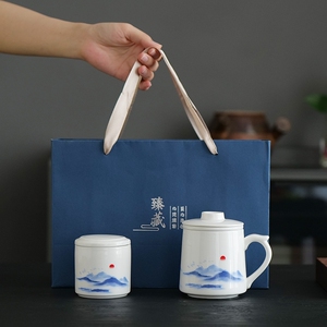 羊脂玉白瓷茶杯个人办公杯茶水分离马克杯大容量带盖陶瓷水杯便携