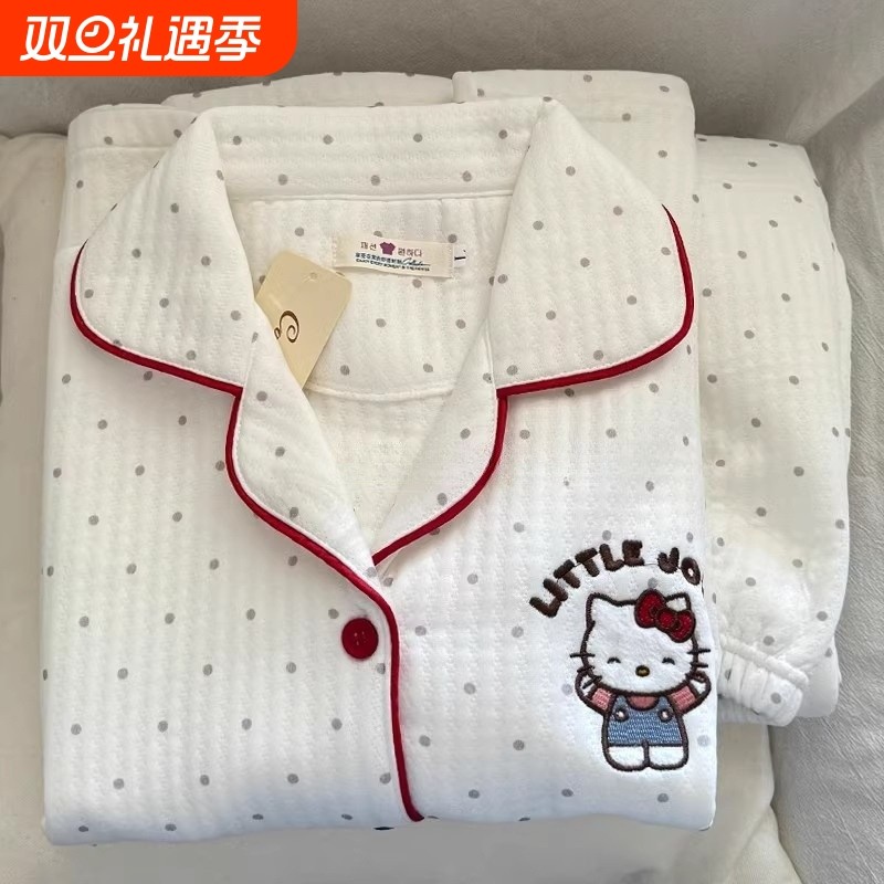 日系HelloKitty夹棉可爱空气棉睡衣女冬季保暖夹层加厚家居