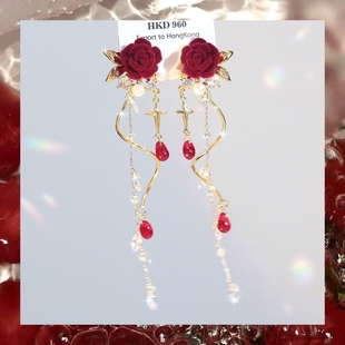 红丝绒玫瑰 法式复古超仙流苏银针耳钉 蚊香盘无耳洞耳夹耳饰新款