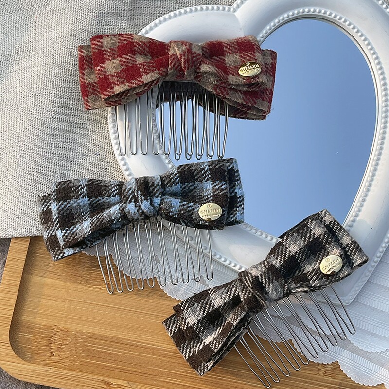 小金标复古格子学院风发梳女高级感新款碎发梳蝴蝶结后脑勺倒插梳