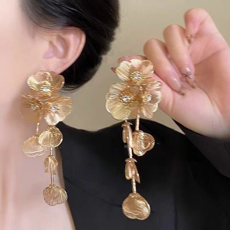 金色花朵流苏耳环女欧美重工夸张圆脸耳坠耳饰品小众轻奢气质耳钉