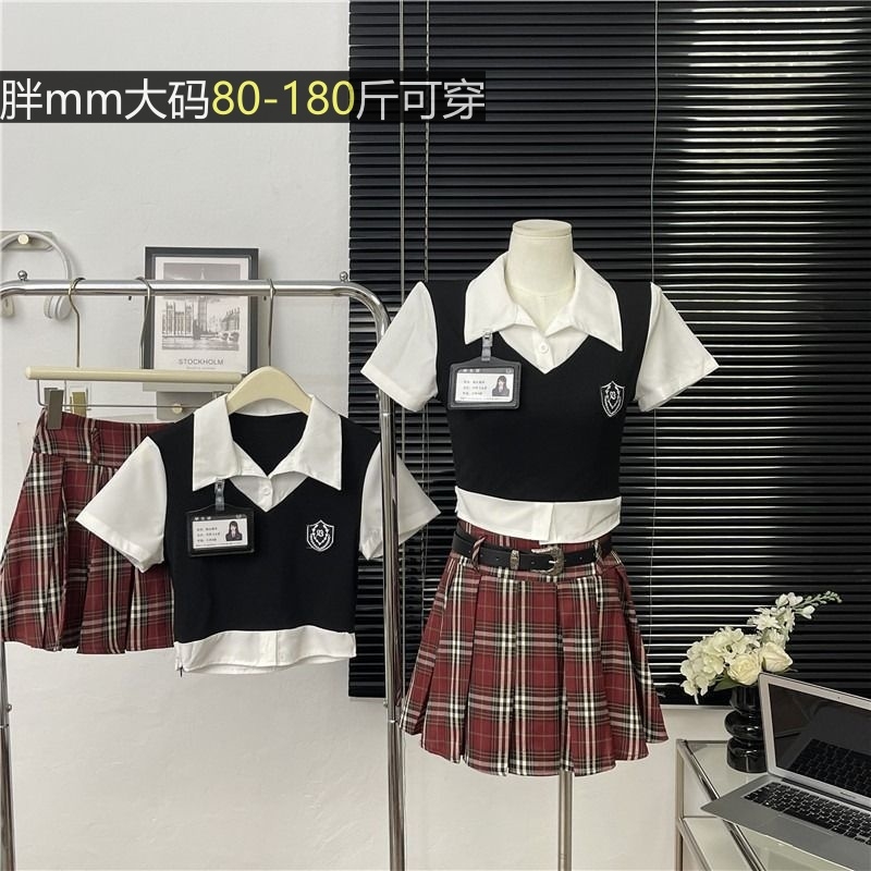 学院风套装女装大码假两件短袖衬衫上衣夏季格子半身裙韩系两件套