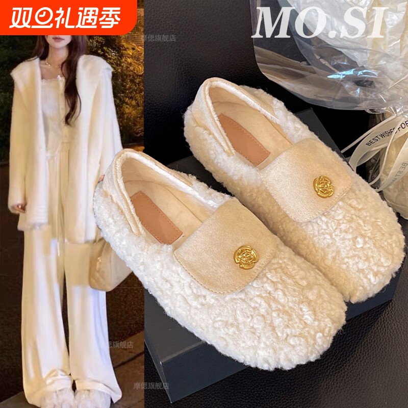 厚底两穿勃肯毛毛鞋女2025秋冬一脚蹬加绒玛丽珍豆豆棉鞋白色毛绒