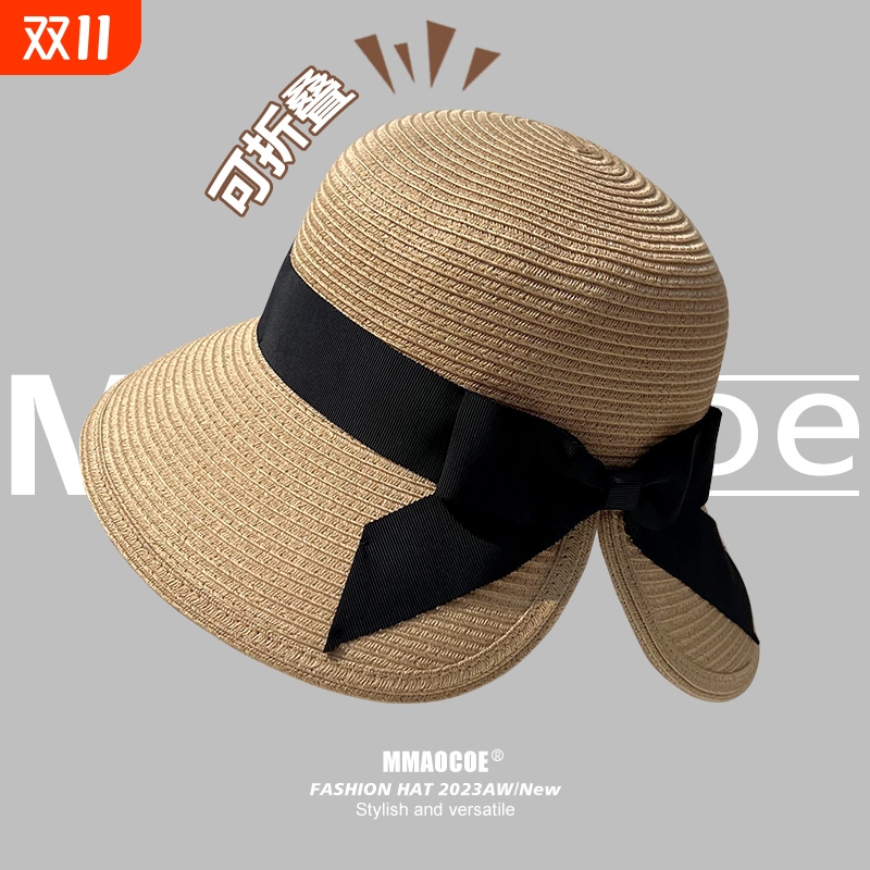法式草帽海边遮阳可折叠扎马尾蝴蝶结显脸小防晒太阳帽度假渔夫