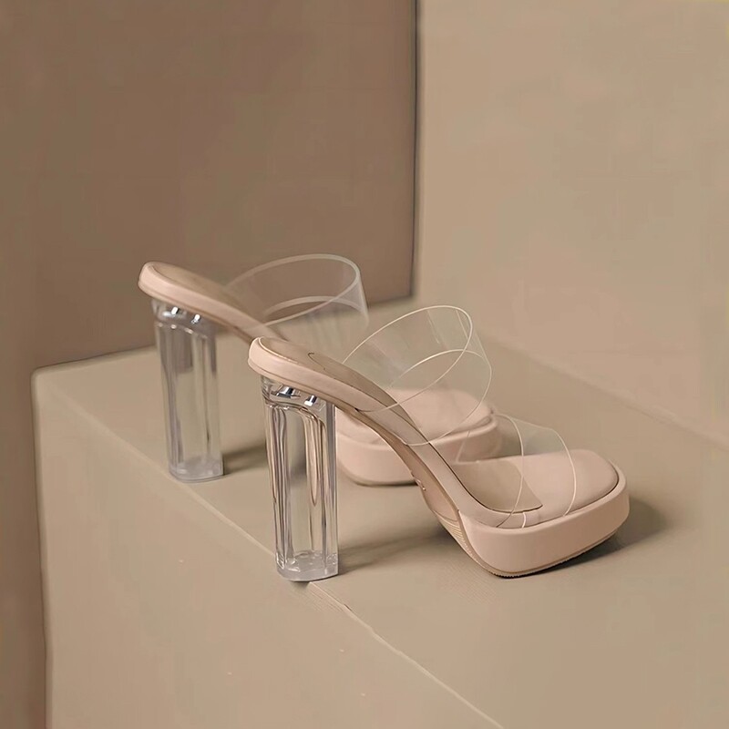 透明高跟鞋女2025夏季新款防水台粗跟厚底水晶凉鞋拖鞋女外穿宽脚