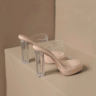 透明高跟鞋女2025夏季新款防水台粗跟厚底水晶凉鞋拖鞋女外穿宽脚