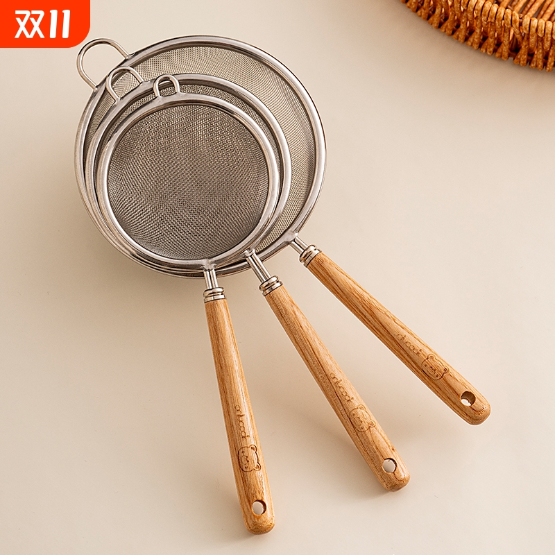 304不锈钢木柄漏勺厨房过滤网筛面粉筛豆浆细网鸡蛋漏网烘焙用具