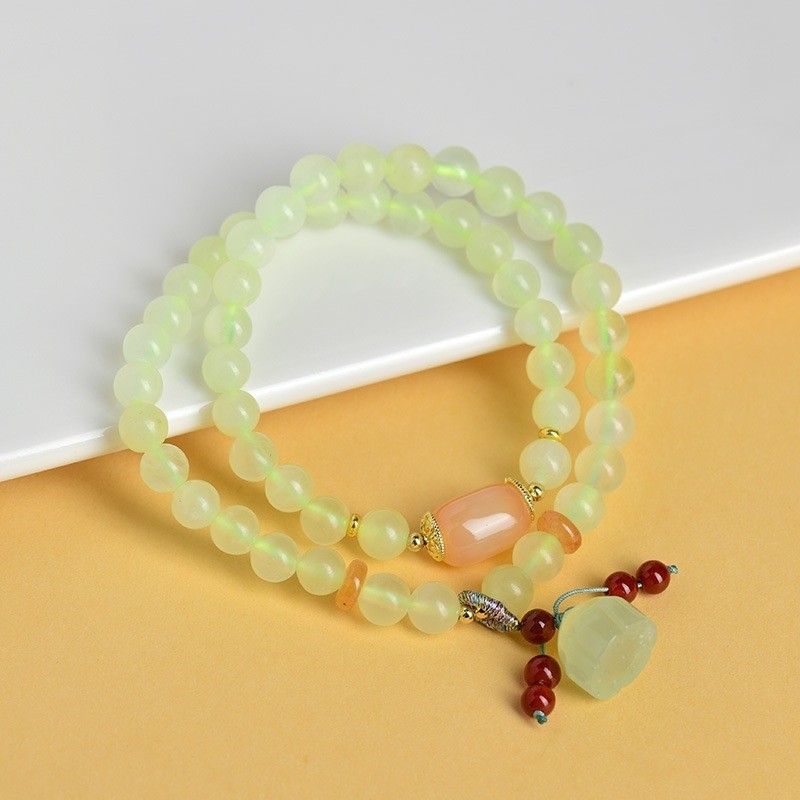 VZZS岫玉双圈手链莲蓬吊坠新中式国潮古风甜美小清新女款手串饰品