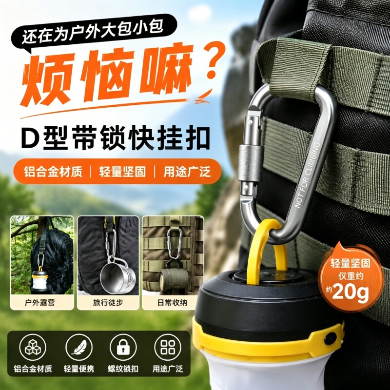 登山扣挂螺旋锁户外安全装备D型图片