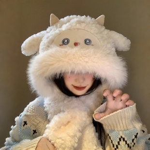 可爱小绵羊毛绒帽女冬季 骑行防风保暖帽子围巾一体加厚电动车 新款