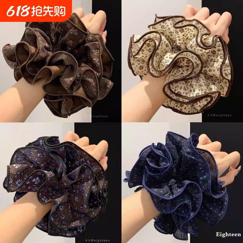 发圈女大肠碎花扎头发大号复古发饰头绳黑色波点布艺雪纺蓝色棕色